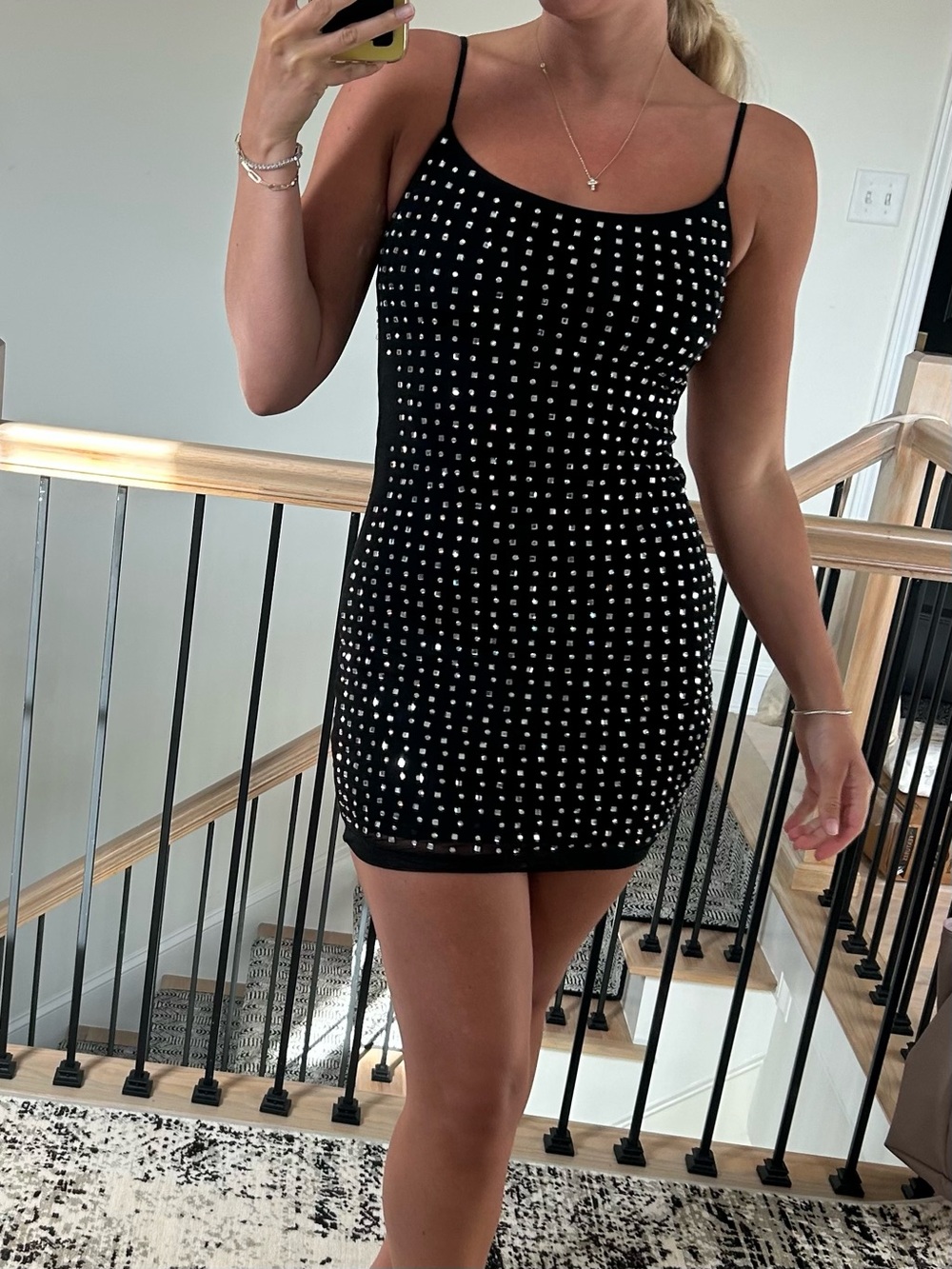 B. Smart Black Rhinestone Spaghetti-Strap Mini Dress
